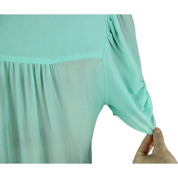 t. babaton Silk Crepe Blouse XS Mint Green Short Sleeve V Neck Ruffle CA270 - Picture 7 of 14